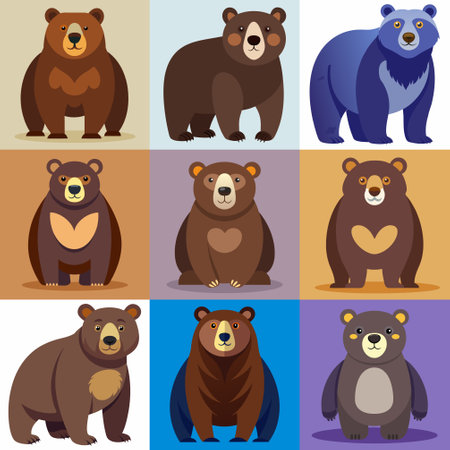 Cartoon vector set of brown grizzly bear, isolated on background. Flat design collectionのイラスト素材