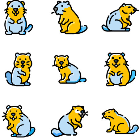 Set of cute cartoon beaver on white background. Vector illustration.のイラスト素材