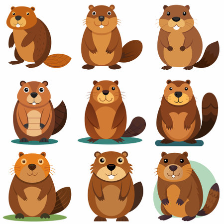 Set of cute beavers isolated on white background. Vector illustration.のイラスト素材
