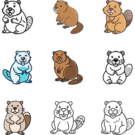 Collection of cute cartoon beavers isolated on white background. Vector illustration.のイラスト素材