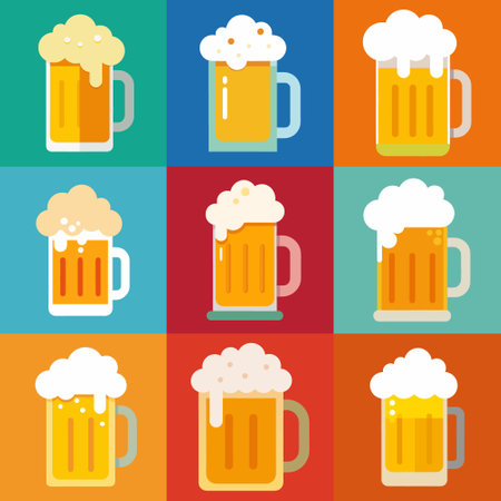 Beer icons set. Vector illustration in flat style. Glass of beer.のイラスト素材