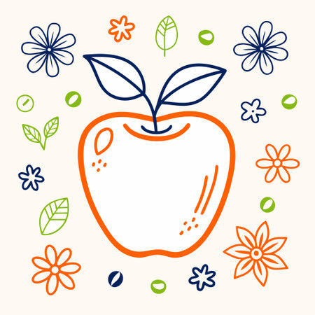 Apple and flowers. Hand drawn doodle icons. Vector illustration.のイラスト素材