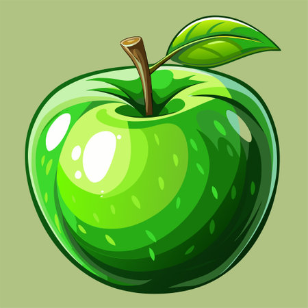 Green apple with leaf isolated on green background. Vector cartoon illustration.のイラスト素材