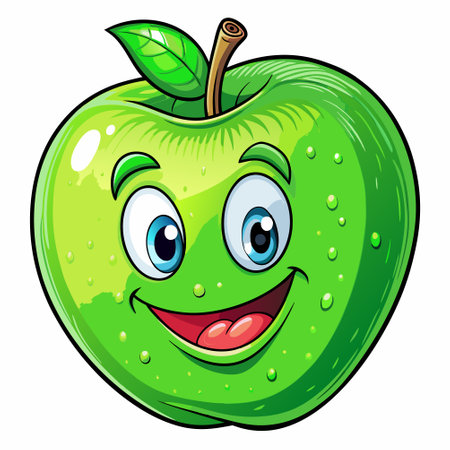 Green apple with happy face on white background. Vector cartoon illustration.のイラスト素材