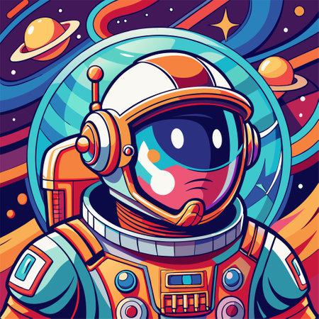 Astronaut in outer space. Vector cartoon illustration. Colorful background.のイラスト素材