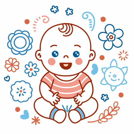 Cute baby boy with flowers and floral elements. Vector illustration.のイラスト素材