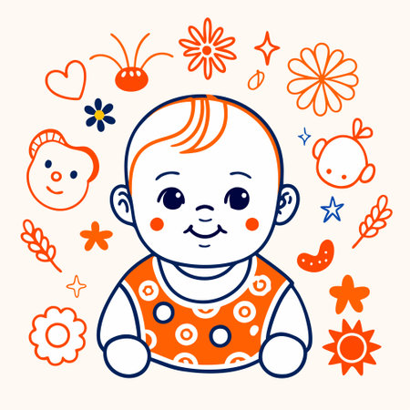 Cute baby boy with flowers. Vector illustration in doodle style.のイラスト素材