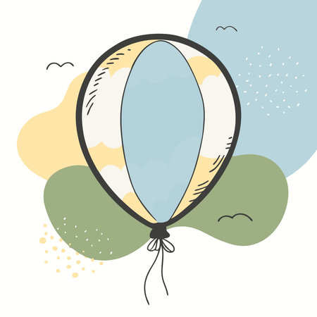 Hand drawn vector abstract stock graphic illustration with cute cartoon air balloon in pastel colors isolated on white backgroundのイラスト素材