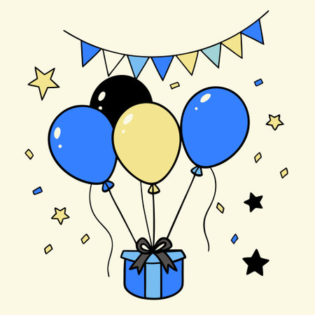 Birthday greeting card with balloons and gift box. Vector illustration.のイラスト素材
