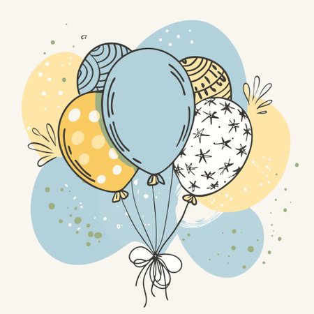 Hand drawn vector illustration of a happy birthday card with balloons and flowersのイラスト素材