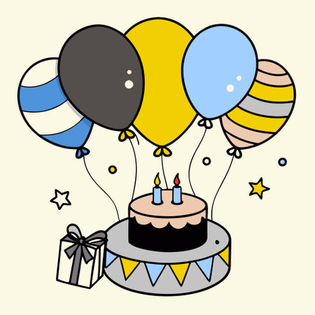 Birthday cake with balloons and gift box. Vector illustration in flat style.のイラスト素材