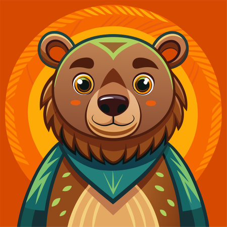 Cute cartoon bear. Vector illustration of a brown bear on an orange background.のイラスト素材