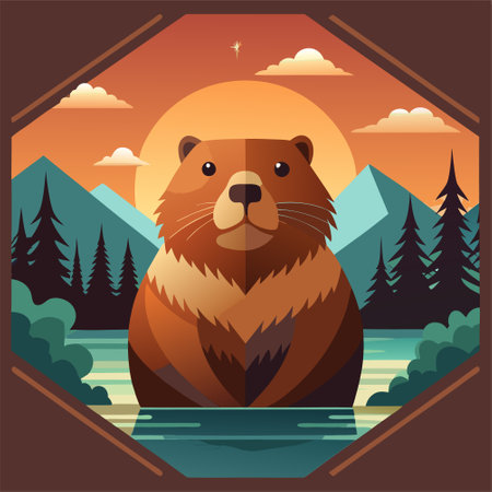 Beaver on the background of the forest and lake. Vector illustrationのイラスト素材