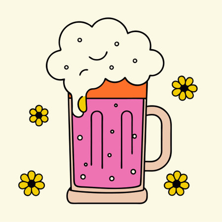 Mug of beer with foam and yellow flowers, vector illustration.のイラスト素材