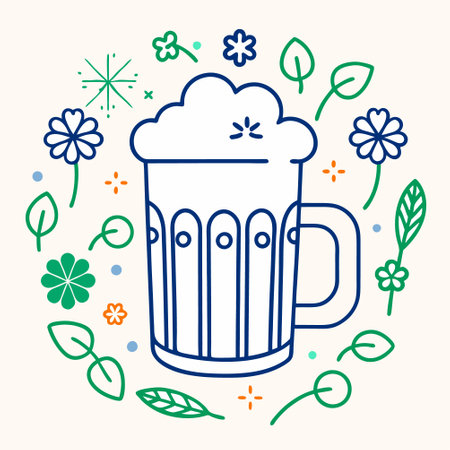 Beer mug with leaves and flowers. Vector illustration in line style.のイラスト素材