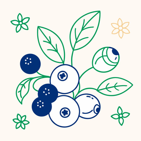 Blueberries with leaves and flowers. Vector illustration in flat style.