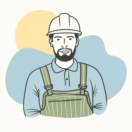 Worker in helmet and overalls. Hand drawn vector illustration.のイラスト素材