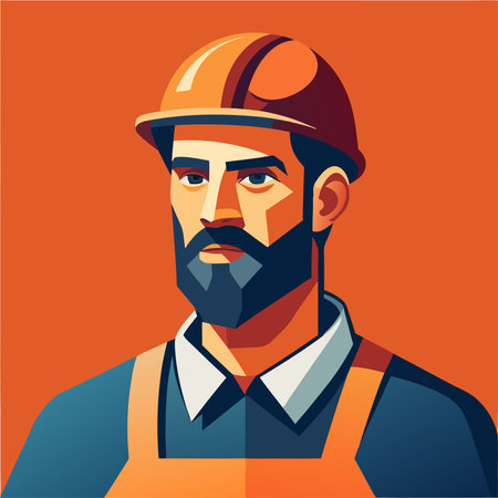 Vector illustration of a builder in a helmet and overalls on an orange background.