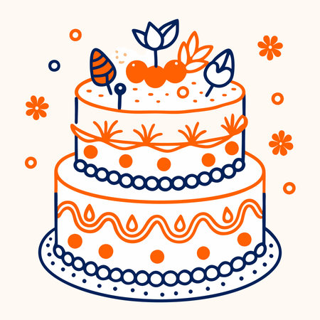 Vector illustration of a birthday cake with flowers and berries on a light background