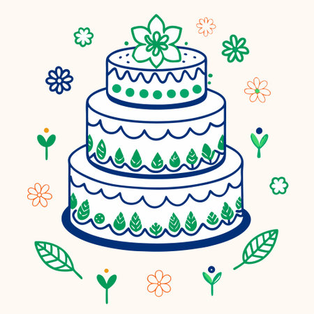 Wedding cake with flowers and leaves. Vector illustration in a flat style.のイラスト素材