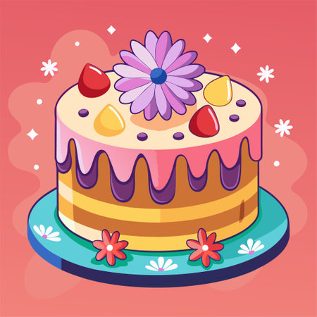 Illustration of a Cute Birthday Cake on a Colored Backgroundのイラスト素材