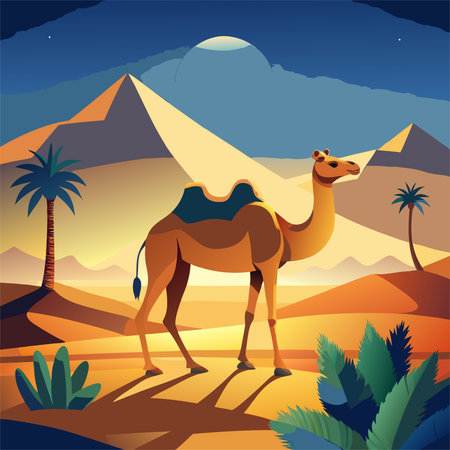 Desert landscape with camel and pyramids. Vector illustration in flat styleのイラスト素材