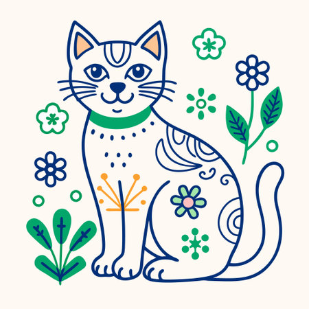 Cute cat with flowers and leaves. Vector illustration in flat style.のイラスト素材