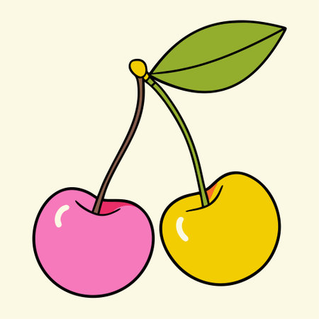 Cherry icon, vector illustration in flat style. Two cherries with leaves.のイラスト素材
