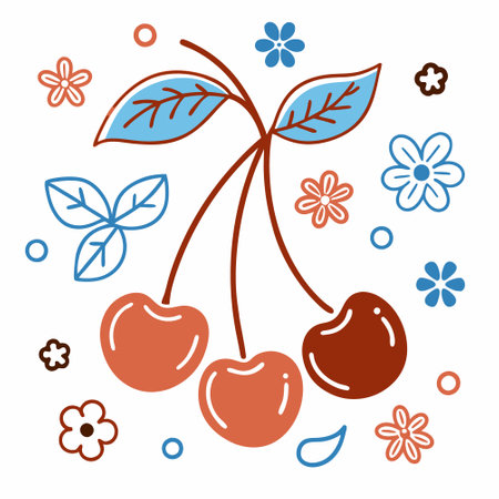 Cherries and flowers. Vector illustration in a flat style.のイラスト素材