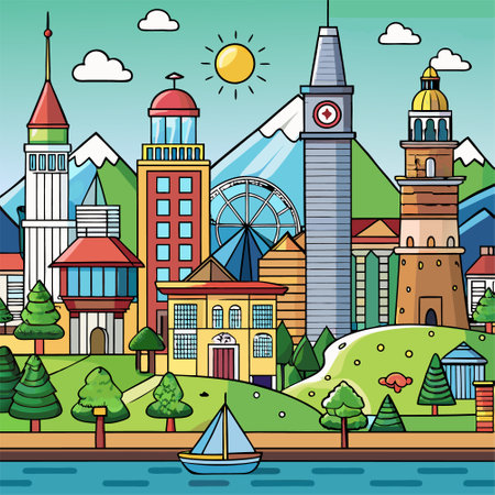 City landscape with buildings and trees. Vector illustration in flat style.のイラスト素材