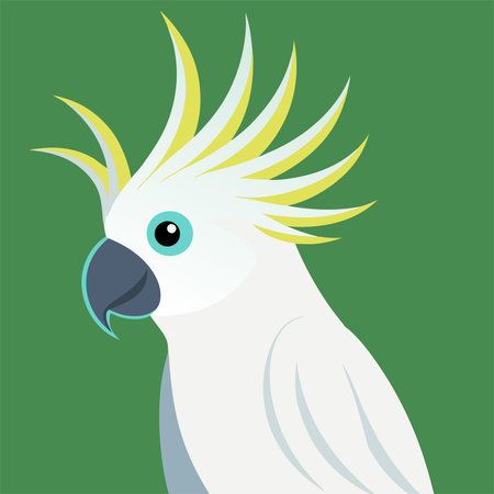 White parrot on green background. Vector illustration in flat style.