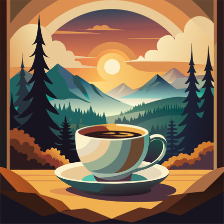 Cup of coffee on the background of a mountain landscape. Vector illustrationのイラスト素材