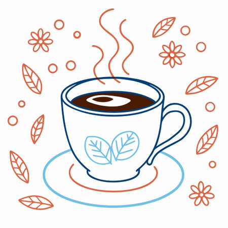 Coffee cup with leaves and flowers. Hand drawn vector illustration.のイラスト素材