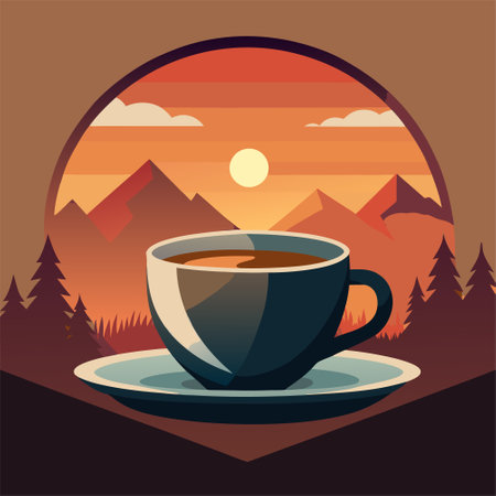 Cup of coffee in the mountains at sunset. Vector illustration.のイラスト素材