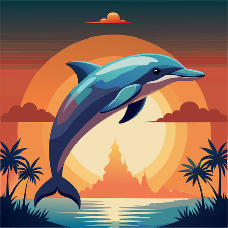 Dolphin jumping out of the water at sunset. Vector illustration.のイラスト素材