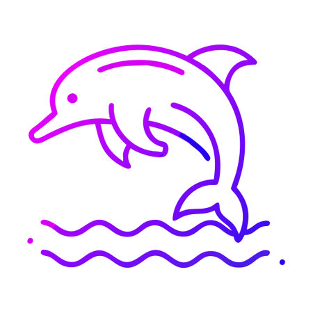 Dolphin jumping out of the water, vector line icon isolated on white background.のイラスト素材