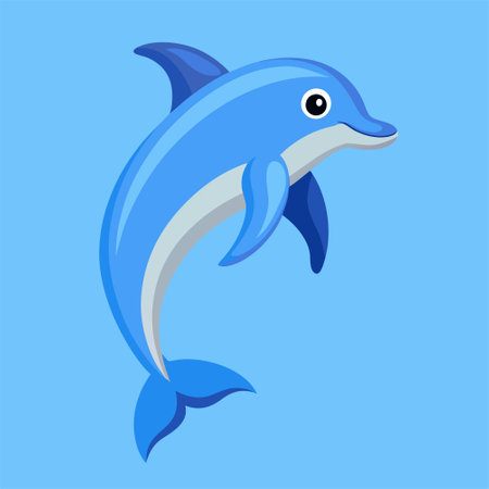 Cartoon dolphin. Vector illustration of a cute dolphin isolated on a blue background.のイラスト素材