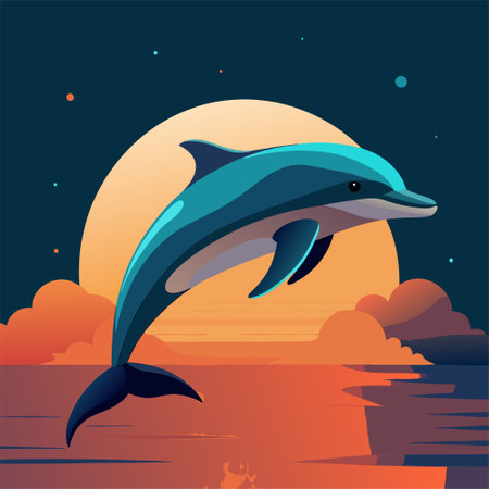 Dolphin jumping in the sea. Vector illustration in flat style.のイラスト素材