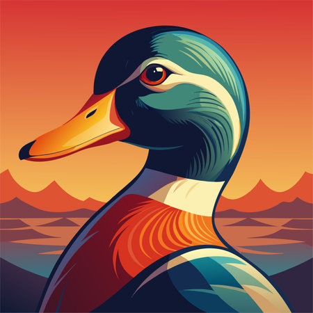 Beautiful duck on the background of the mountains. Vector illustration.のイラスト素材
