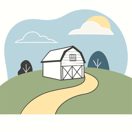 Barn, farm, rural landscape, vector illustration in flat style.のイラスト素材