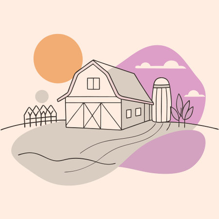 Vector illustration of a rural landscape with a barn and a farm.のイラスト素材