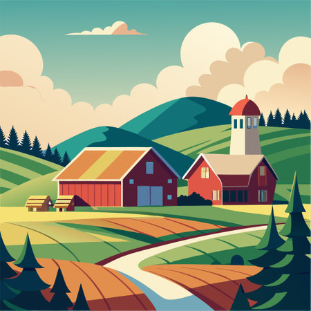 Countryside landscape with farm and barn. Vector illustration in flat styleのイラスト素材