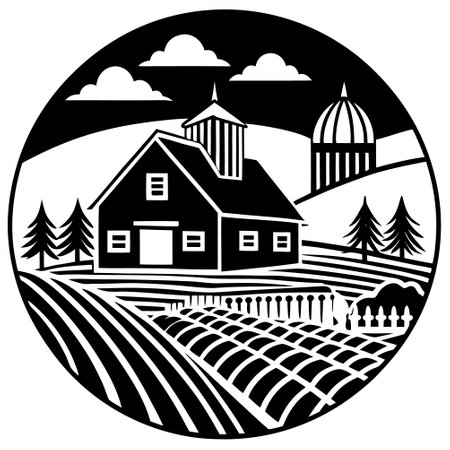 Farm in the countryside. Vector illustration in black and white colors.のイラスト素材