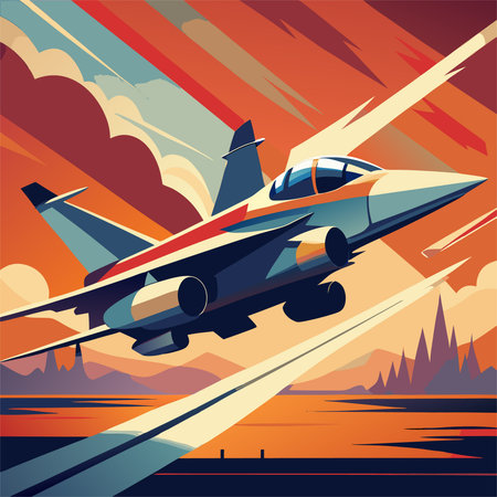 Fighter jet fighter on the background of the sunset. Vector illustrationのイラスト素材