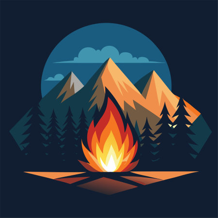 Camping with a bonfire in the mountains. Vector illustration.のイラスト素材