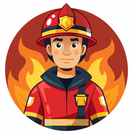 Firefighter with fire extinguisher. Vector illustration in cartoon style.