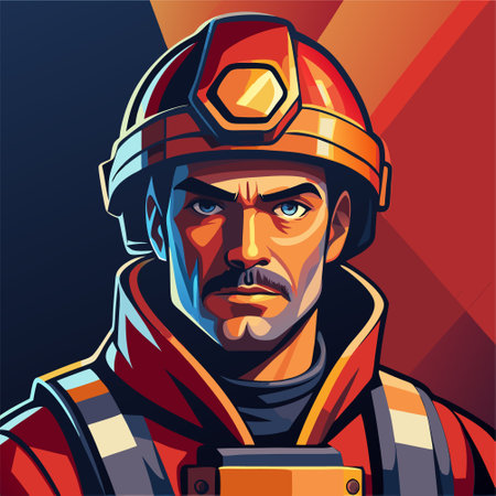Firefighter with helmet. Vector illustration of a firefighter in uniform.のイラスト素材