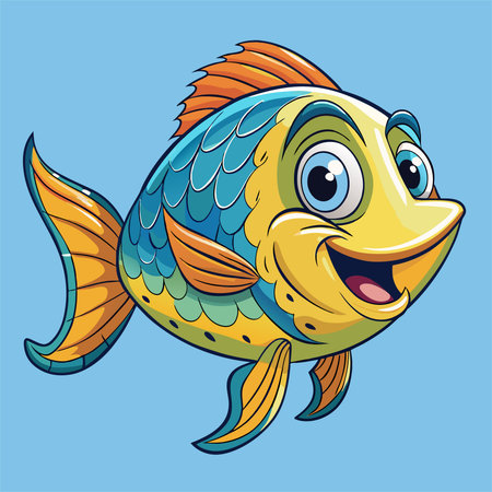 Illustration of a Cute Fish Cartoon Character on a Blue Backgroundのイラスト素材