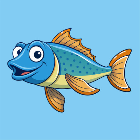 Illustration of a Cute Fish Cartoon Character on a Blue Backgroundのイラスト素材