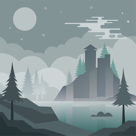 Landscape with mountains, trees and lake. Vector illustration in flat styleのイラスト素材